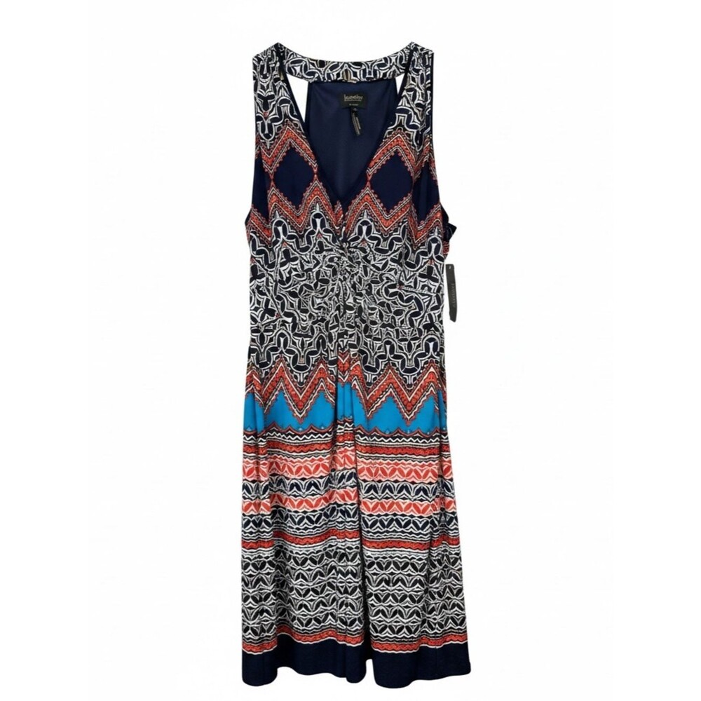 Laundry By Shelli Segal Navy Blue, Red & Turquoise Printed Midi Dress - Size 10